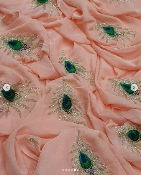 Pure Dimond Chiffon Cutdana Hand Work Morpankh Saree With Running Blouse