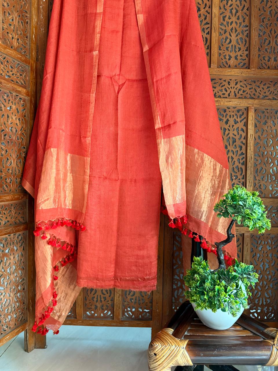 Pure Silk By Linen 2PC Jamdani Unstitched Suit with Tissue Zari Palla