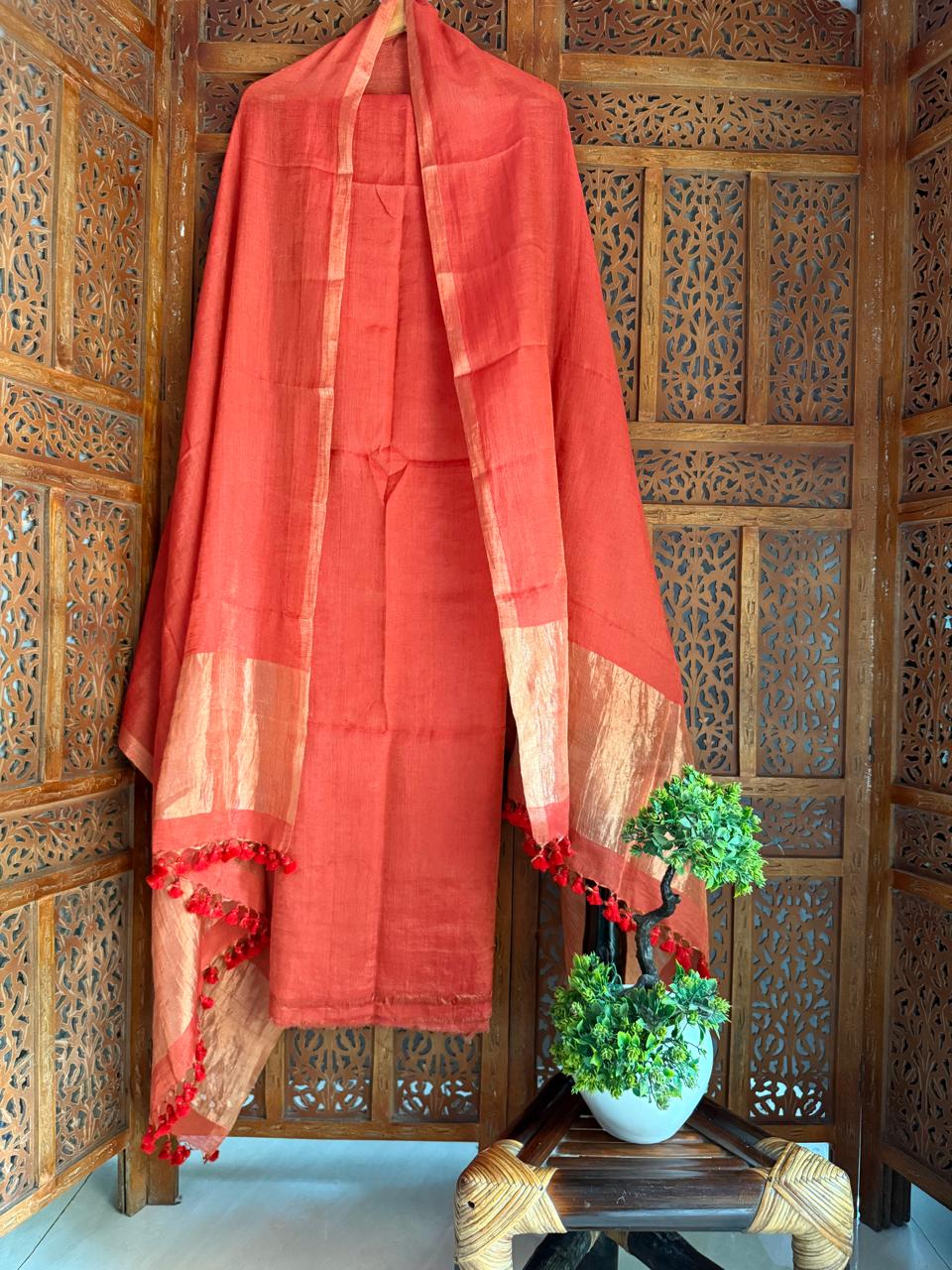 Pure Silk By Linen 2PC Jamdani Unstitched Suit with Tissue Zari Palla