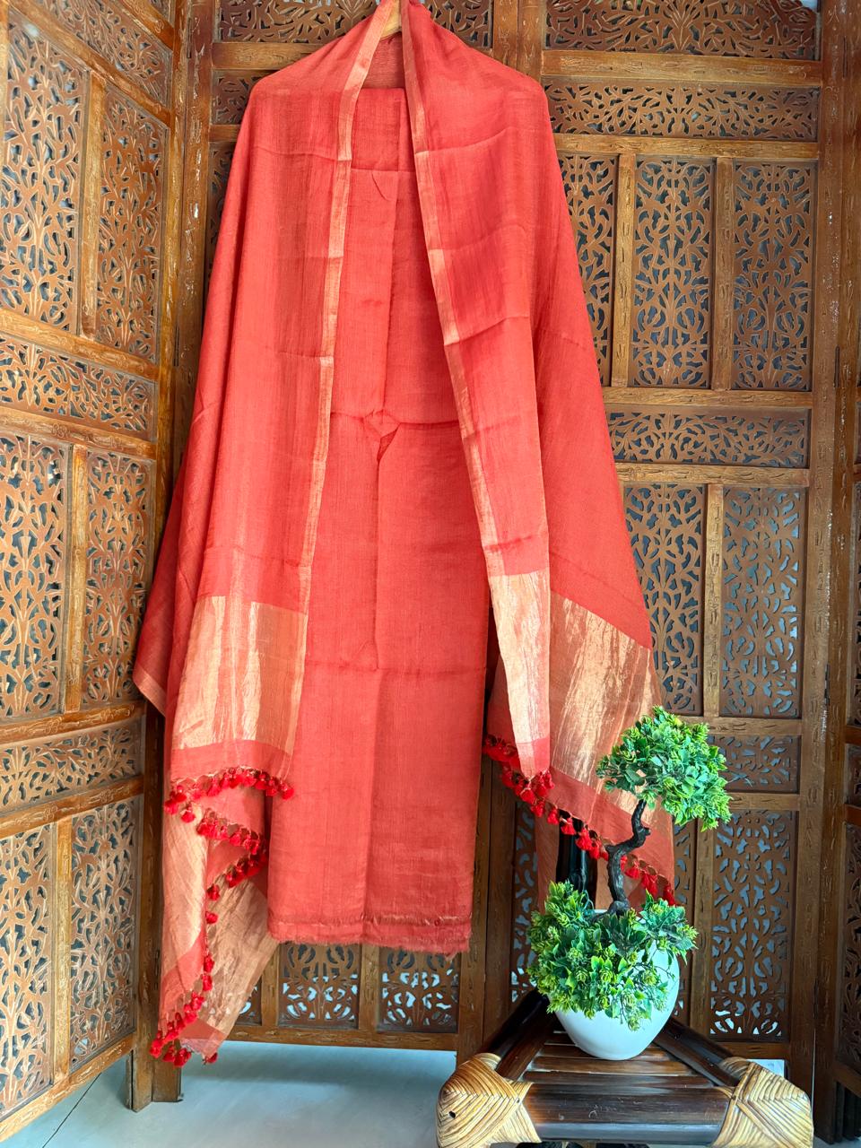 Pure Silk By Linen 2PC Jamdani Unstitched Suit with Tissue Zari Palla