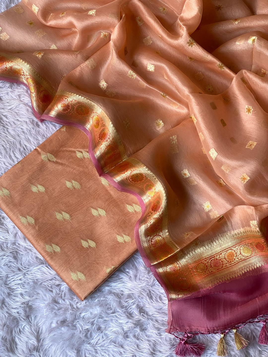 Pure Banarasi Chanderi Silk Unstitched Suit with Organza Hand Brush Paint Dupatta