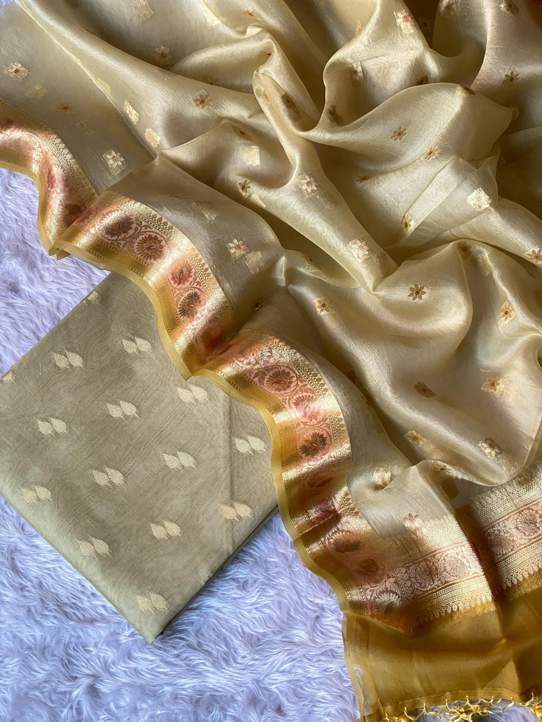 Pure Banarasi Chanderi Silk Unstitched Suit with Organza Hand Brush Paint Dupatta