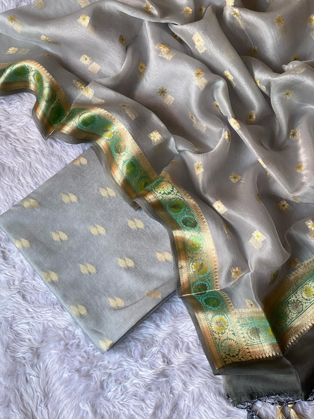 Pure Banarasi Chanderi Silk Unstitched Suit with Organza Hand Brush Paint Dupatta