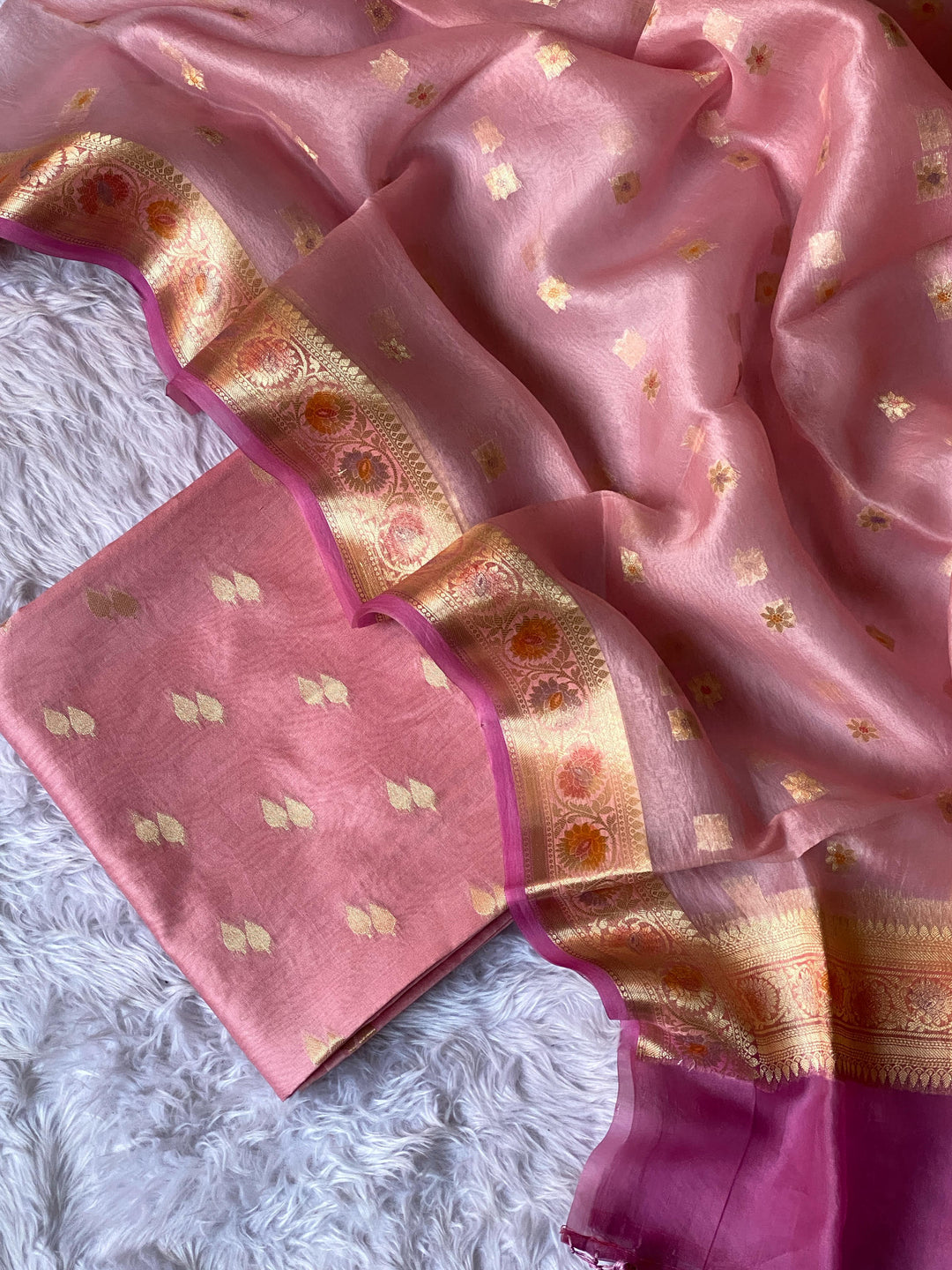 Pure Banarasi Chanderi Silk Unstitched Suit with Organza Hand Brush Paint Dupatta