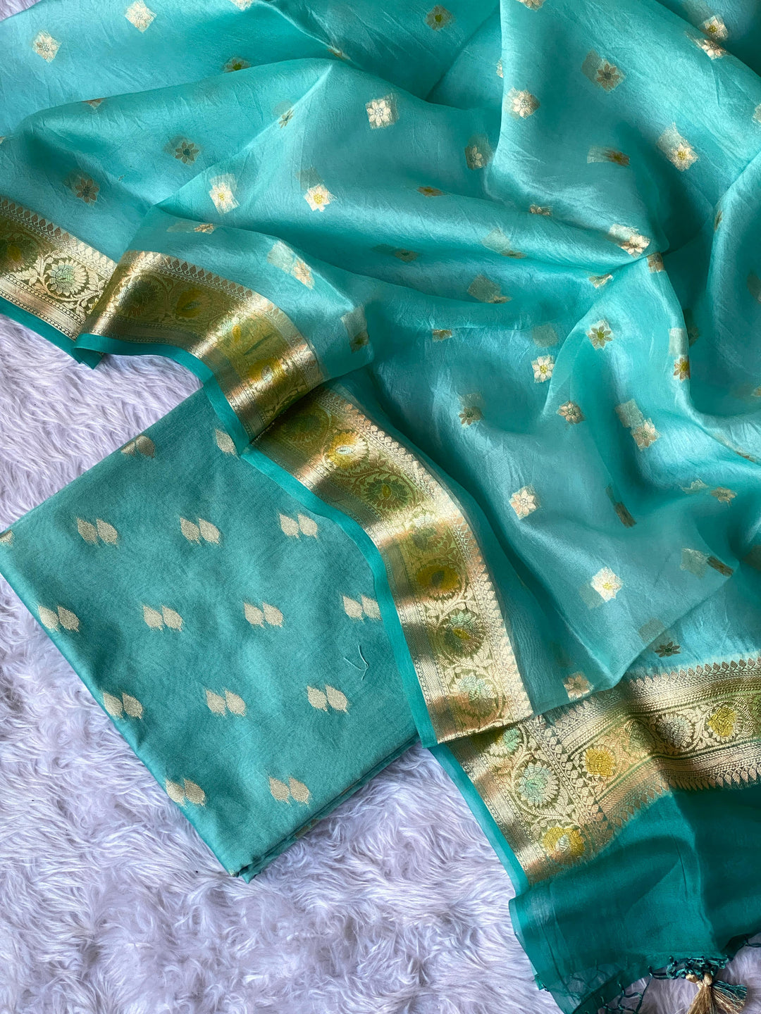 Pure Banarasi Chanderi Silk Unstitched Suit with Organza Hand Brush Paint Dupatta