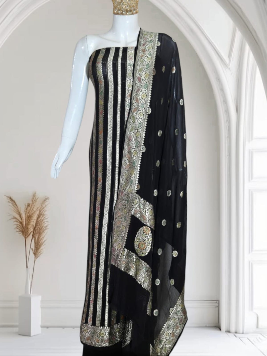 Handloom made Pure Khaddi Chiffon Unstitched Suit With water Zari Work.