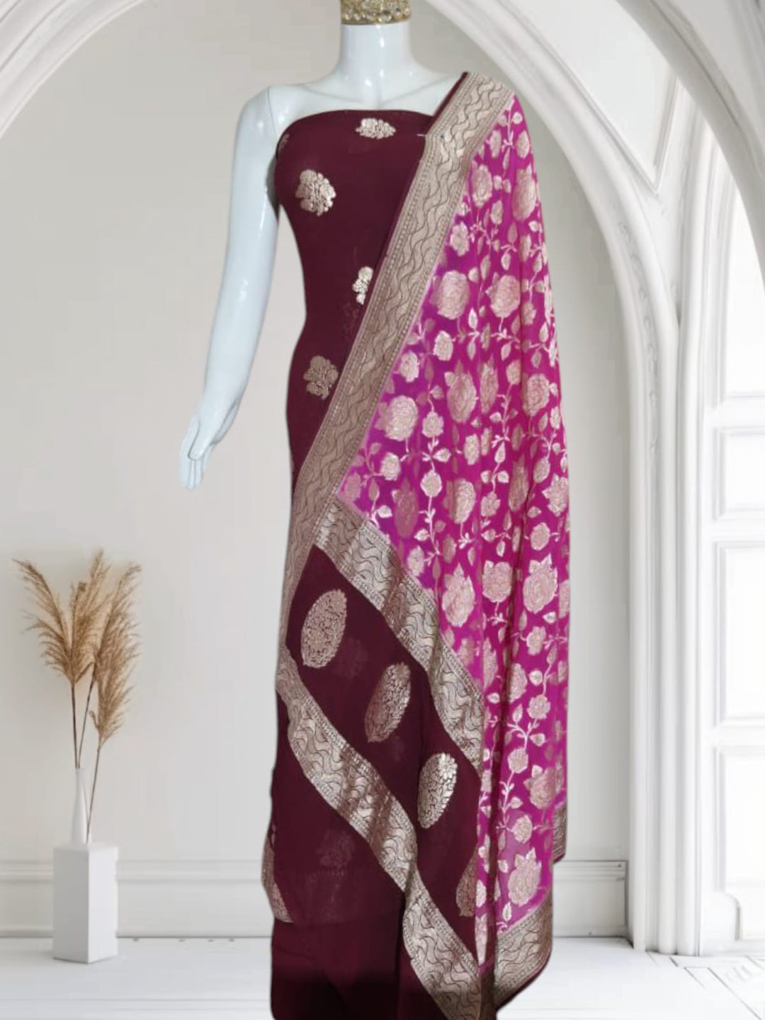 Handloom made Pure Khaddi Chiffon Unstitched Suit With water Zari Work