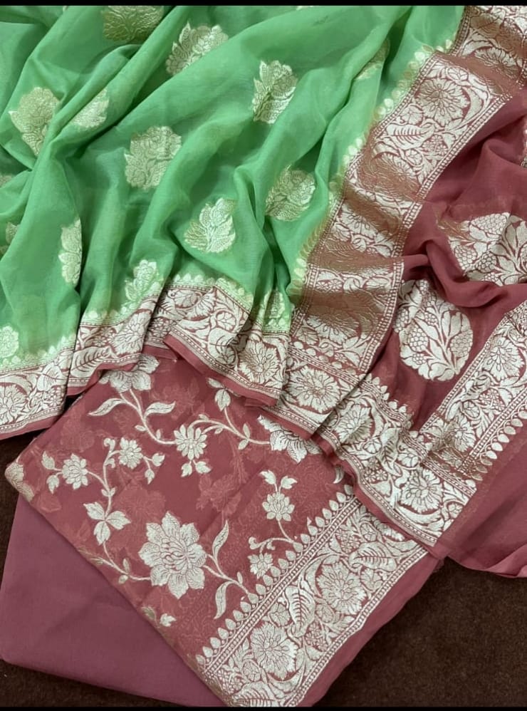 Handloom made Pure Khaddi Chiffon Unstitched Suit With water Zari Work