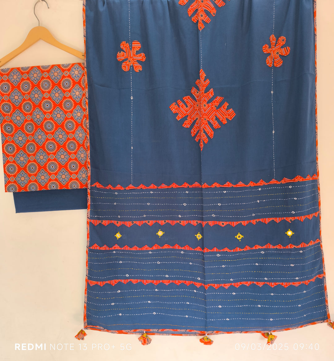 Pure Cotton Azrakh Print Unstitched suit With Hand kantha Work Dupatta .