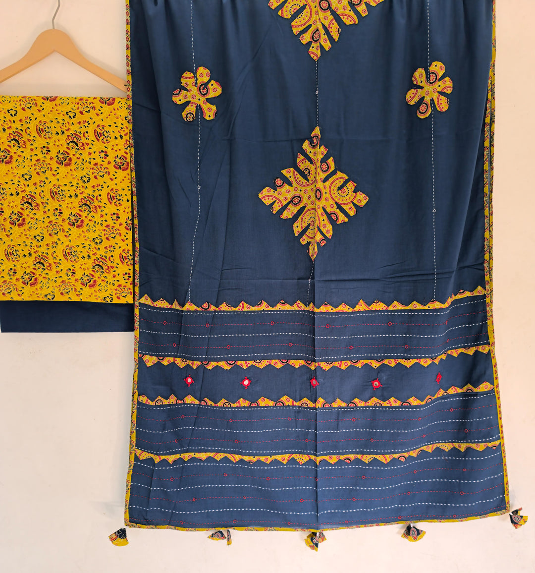 Pure Cotton Azrakh Print Unstitched suit With Hand kantha Work Dupatta
