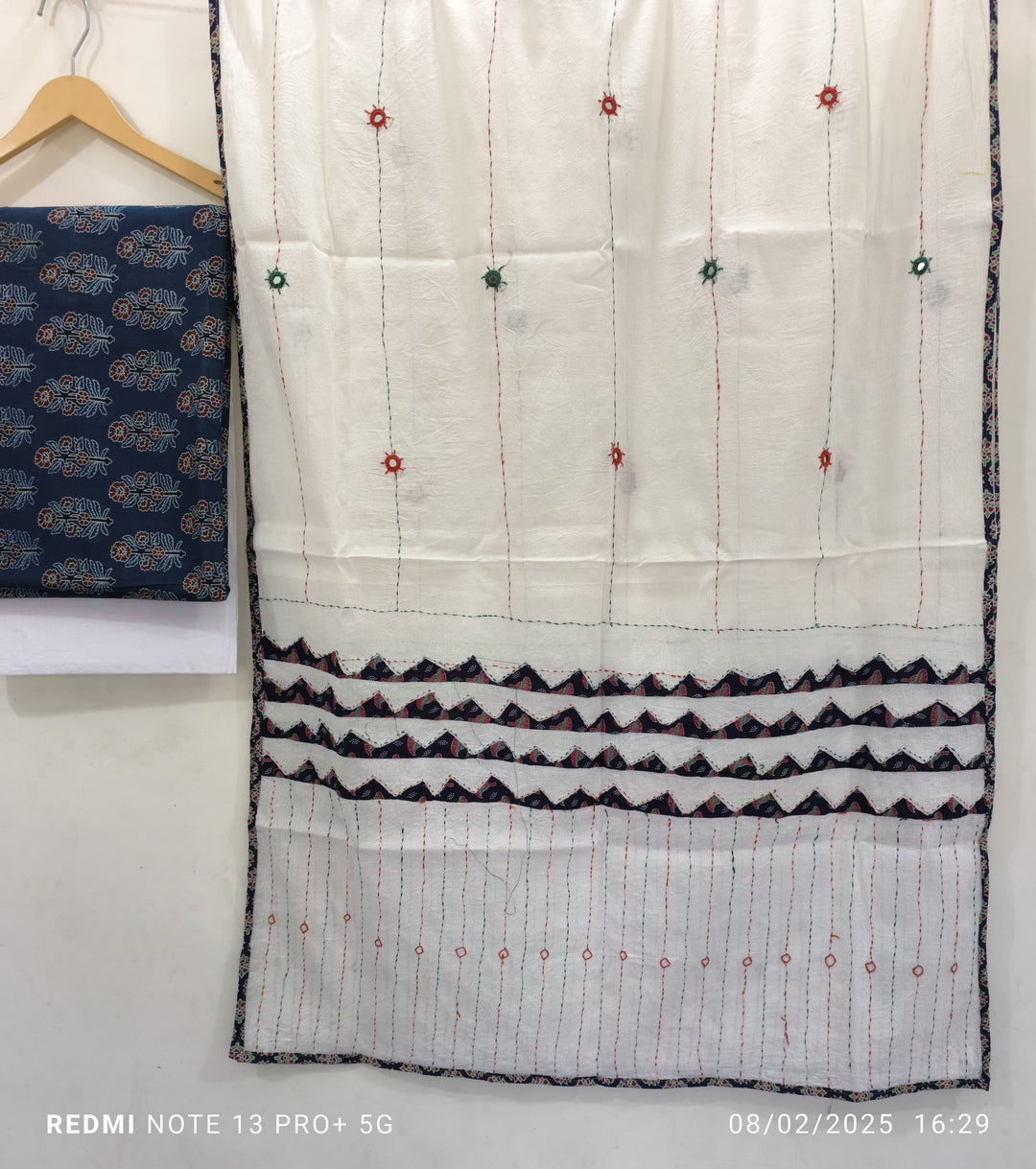 Pure Cotton Azrakh Print Unstitched suit With Hand kantha Work Dupatta