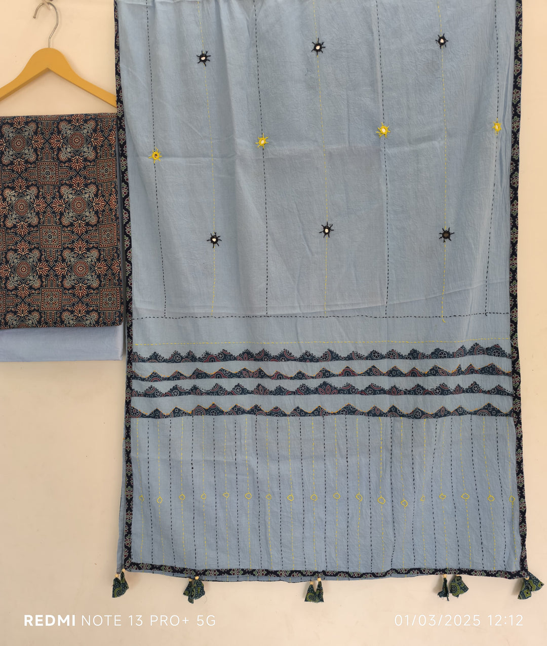 Pure Cotton Azrakh Print Unstitched suit With Hand kantha Work Dupatta