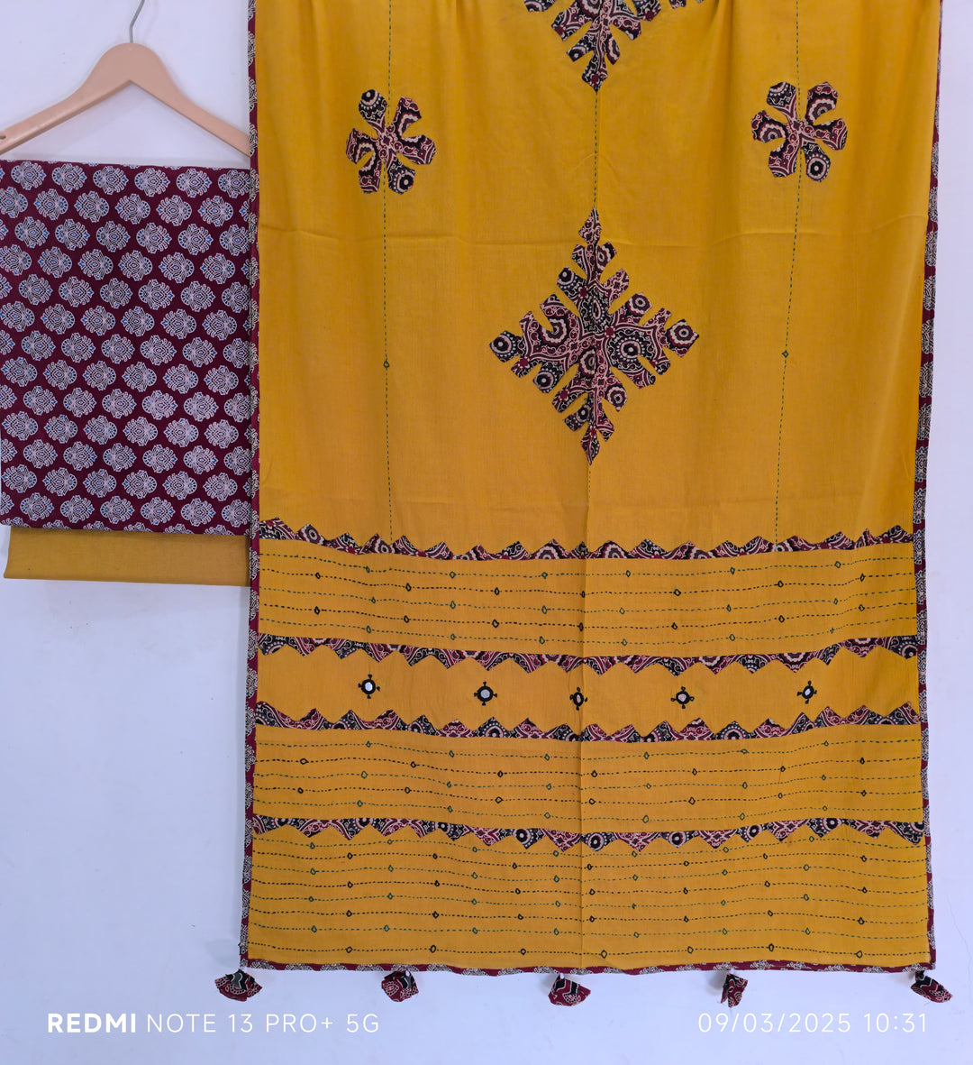 Pure Cotton Azrakh Print Unstitched suit With Hand kantha Work Dupatta
