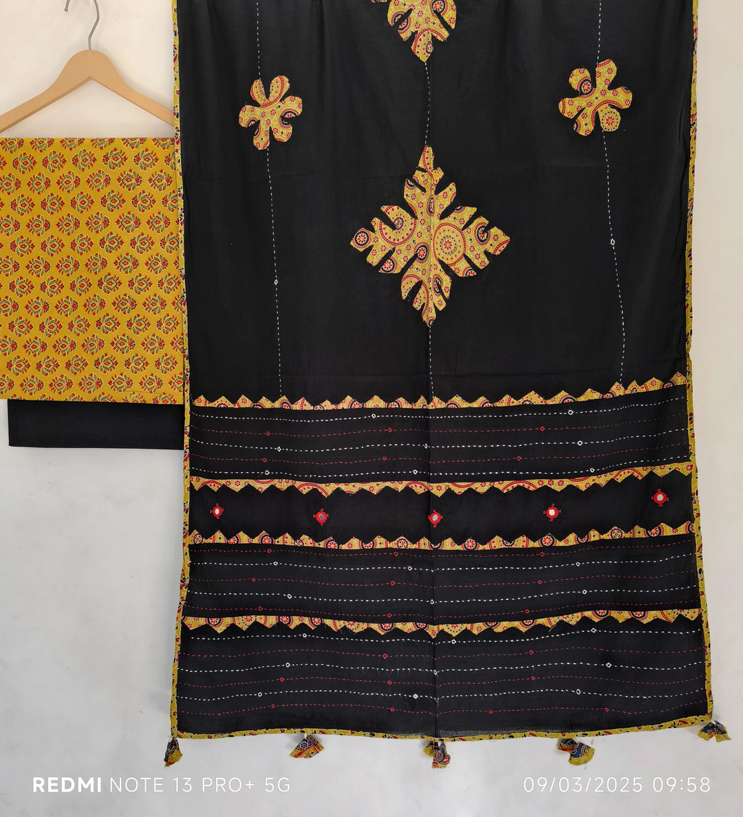 Pure Cotton Azrakh Print Unstitched suit With Hand kantha Work Dupatta