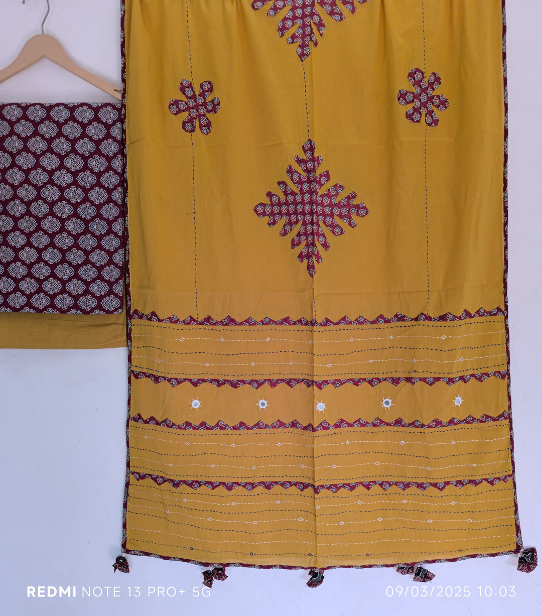 Pure Cotton Azrakh Print Unstitched suit With Hand kantha Work Dupatta
