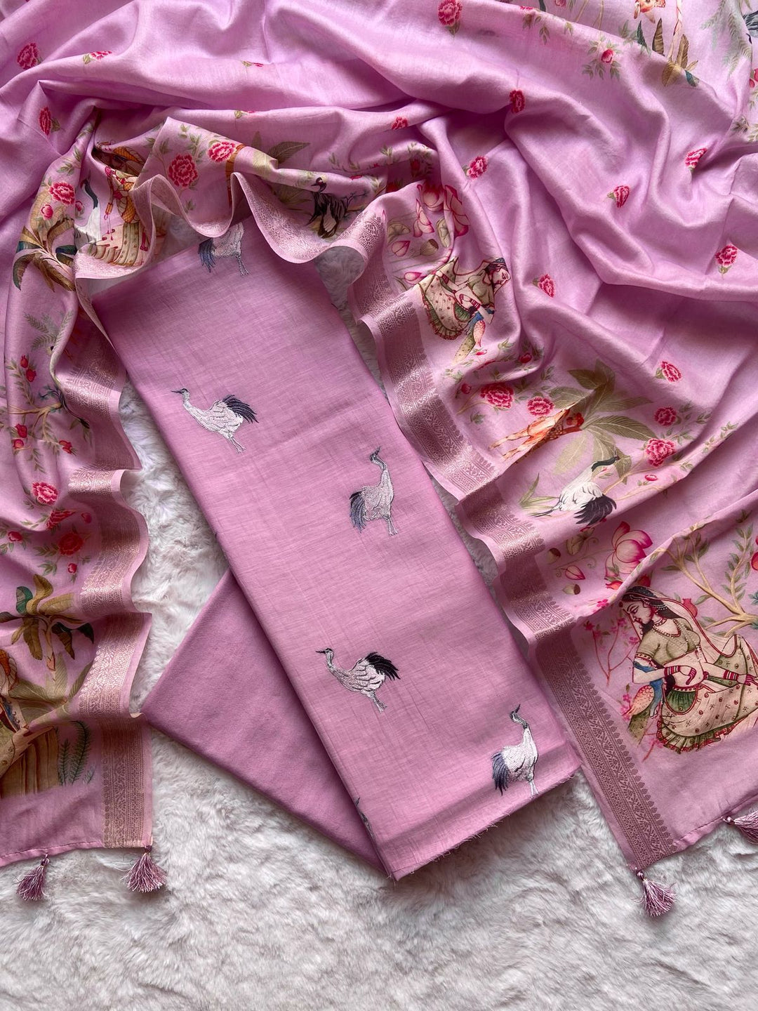 Pure Mul-Mul Silk Unstitched Suit with Pichwai Work