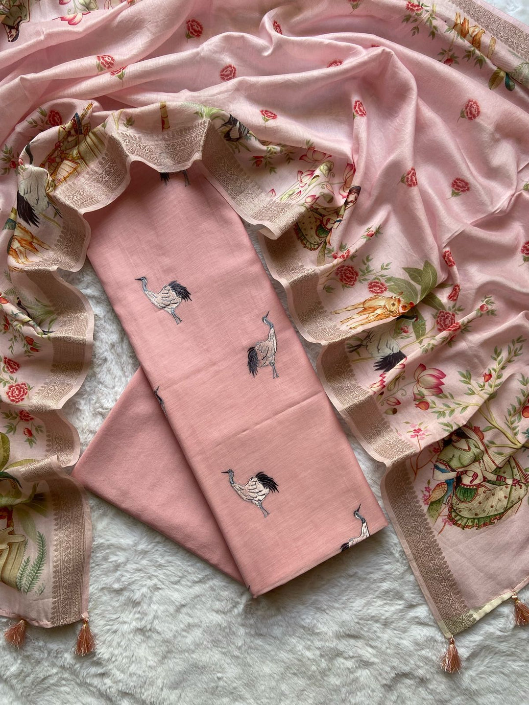 Pure Mul-Mul Silk Unstitched Suit with Pichwai Work