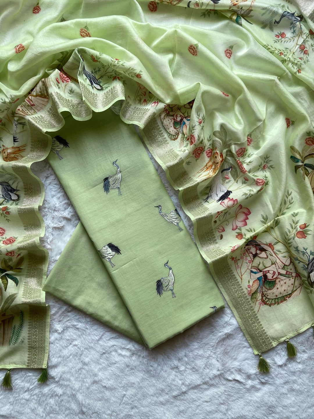 Pure Mul-Mul Silk Unstitched Suit with Pichwai Work