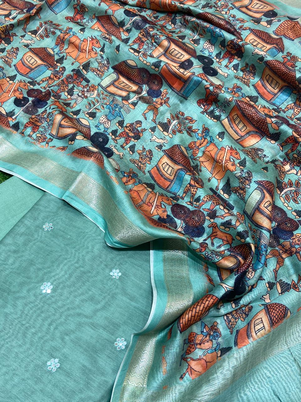 Pure Banarasi Mul Chanderi Unstitched Suit with Digital Print Chanderi Silk Dupatta