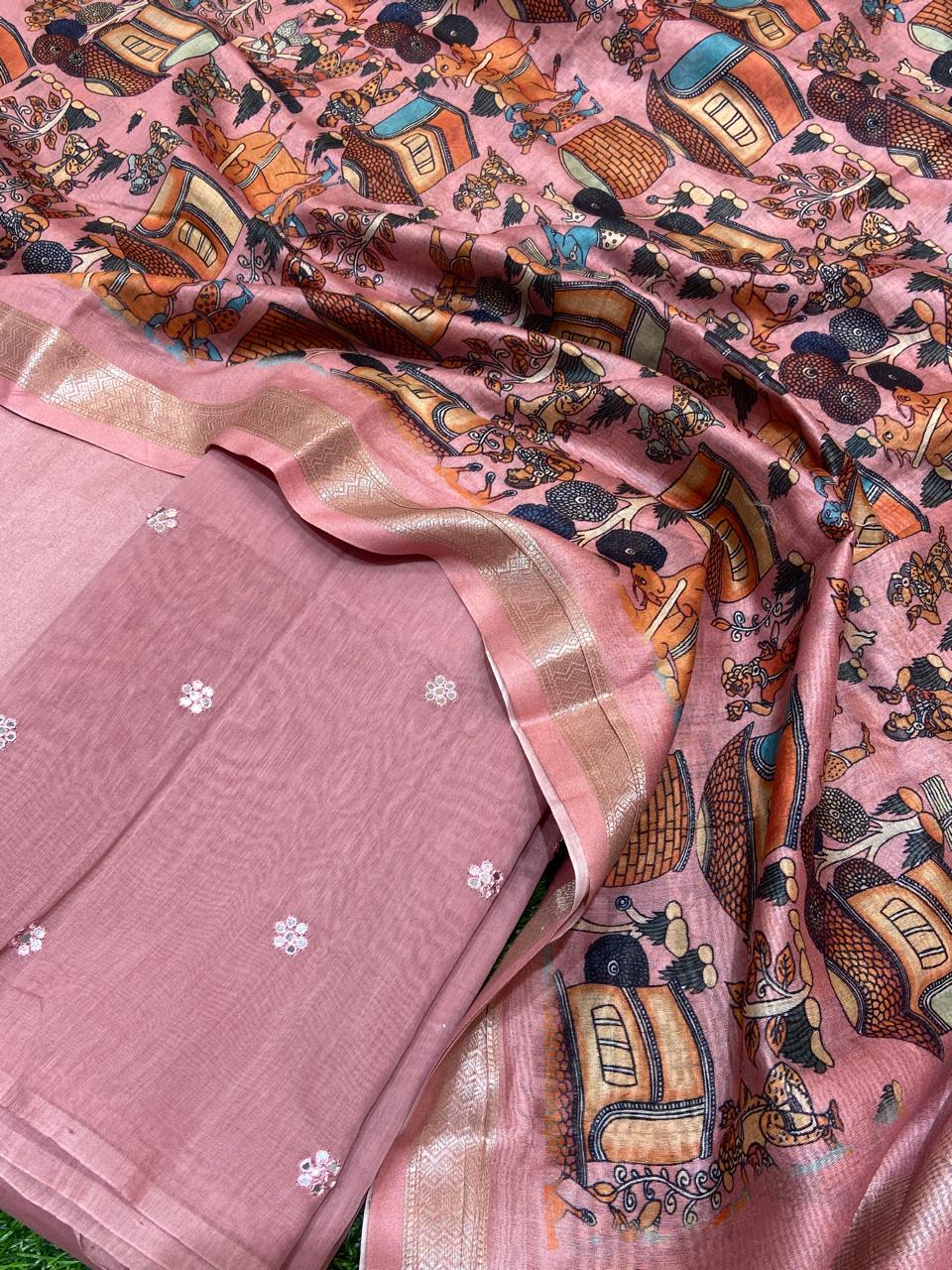 Pure Banarasi Mul Chanderi Unstitched Suit with Digital Print Chanderi Silk Dupatta