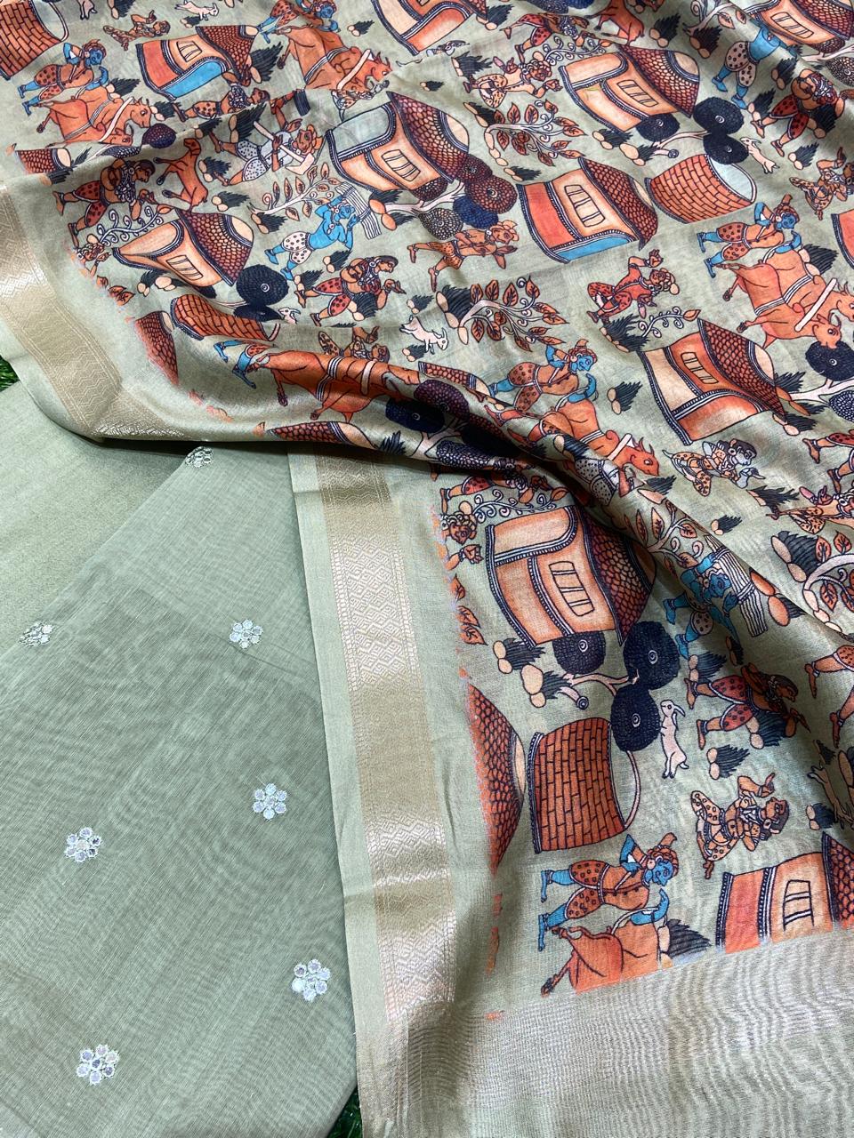 Pure Banarasi Mul Chanderi Unstitched Suit with Digital Print Chanderi Silk Dupatta