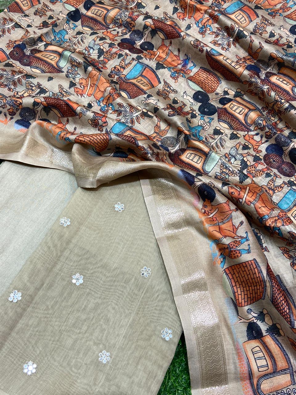 Pure Banarasi Mul Chanderi Unstitched Suit with Digital Print Chanderi Silk Dupatta