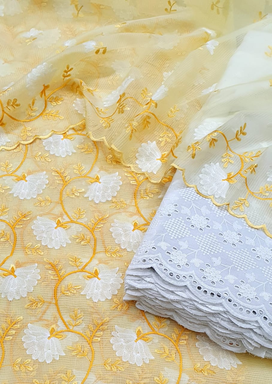 Pure Kota Doria Unstitched Suit With Aari Work