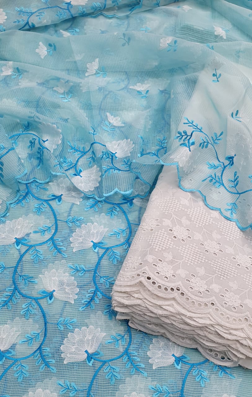 Pure Kota Doria Unstitched Suit With Aari Work