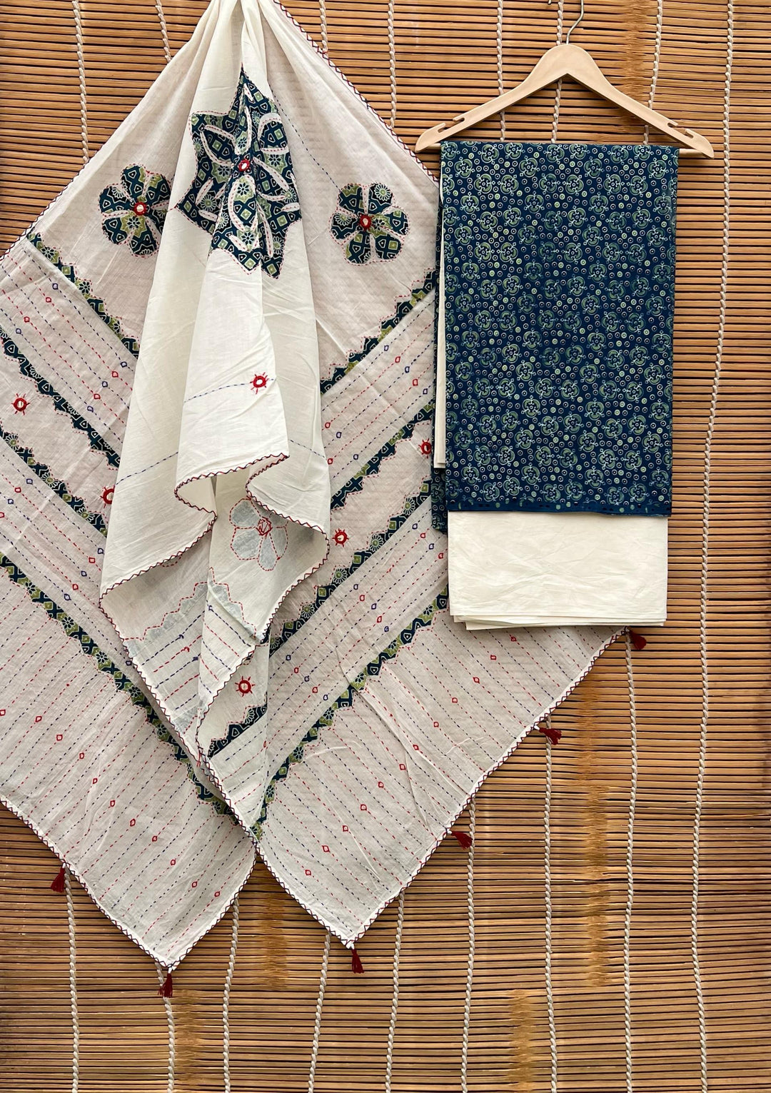 Pure Cotton Azrakh Print Unstitched suit Whit Kantha Work Dupatta