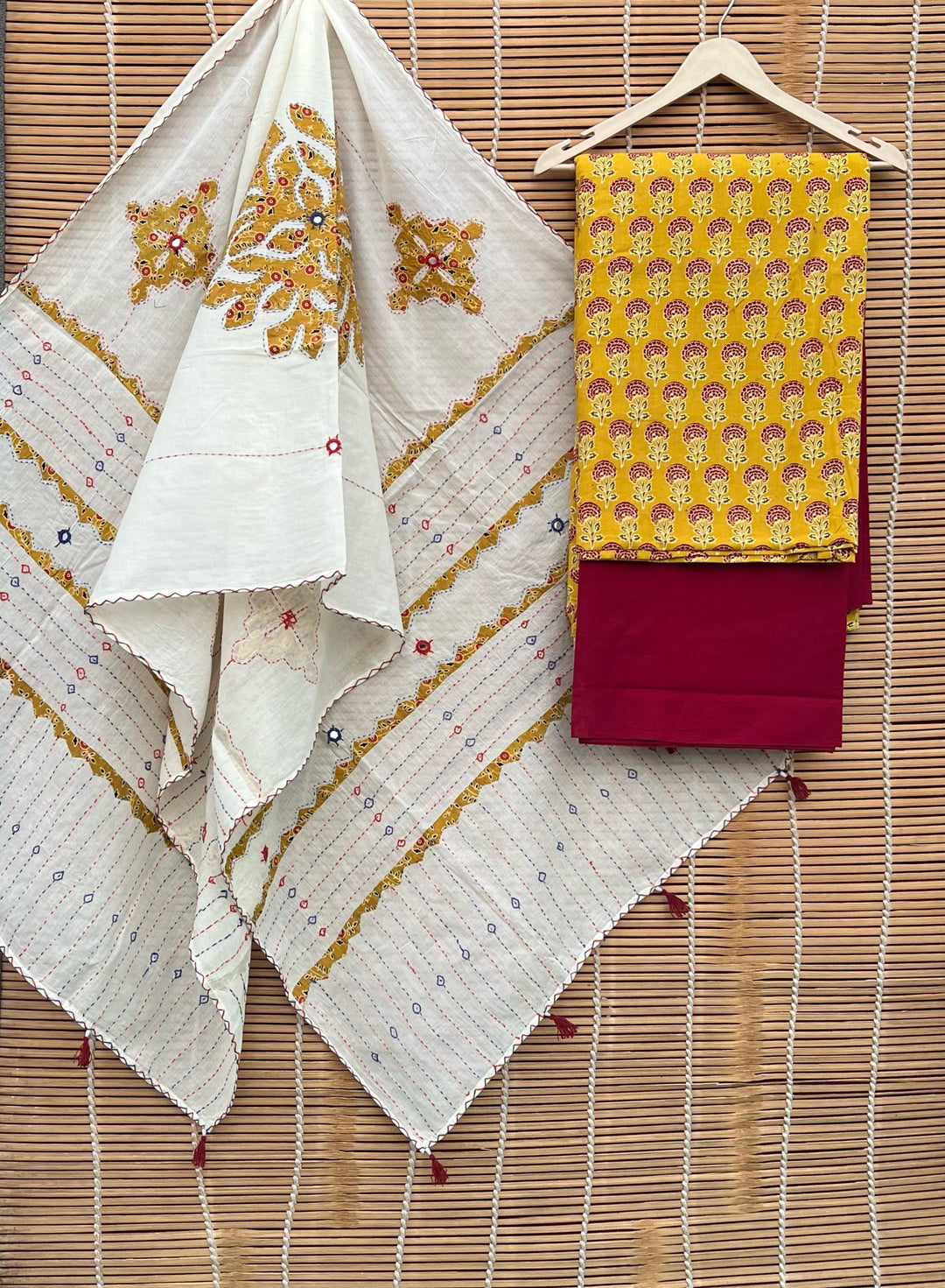 Pure Cotton Azrakh Print Unstitched suit Whit Kantha Work Dupatta