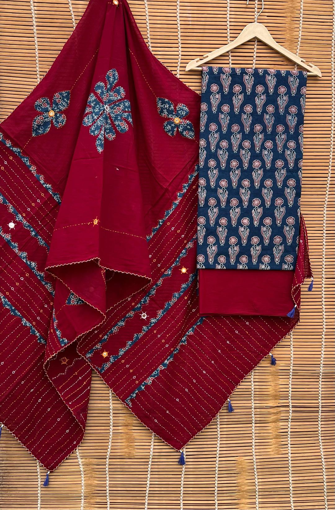 Pure Cotton Azrakh Print Unstitched suit Whit Kantha Work Dupatta