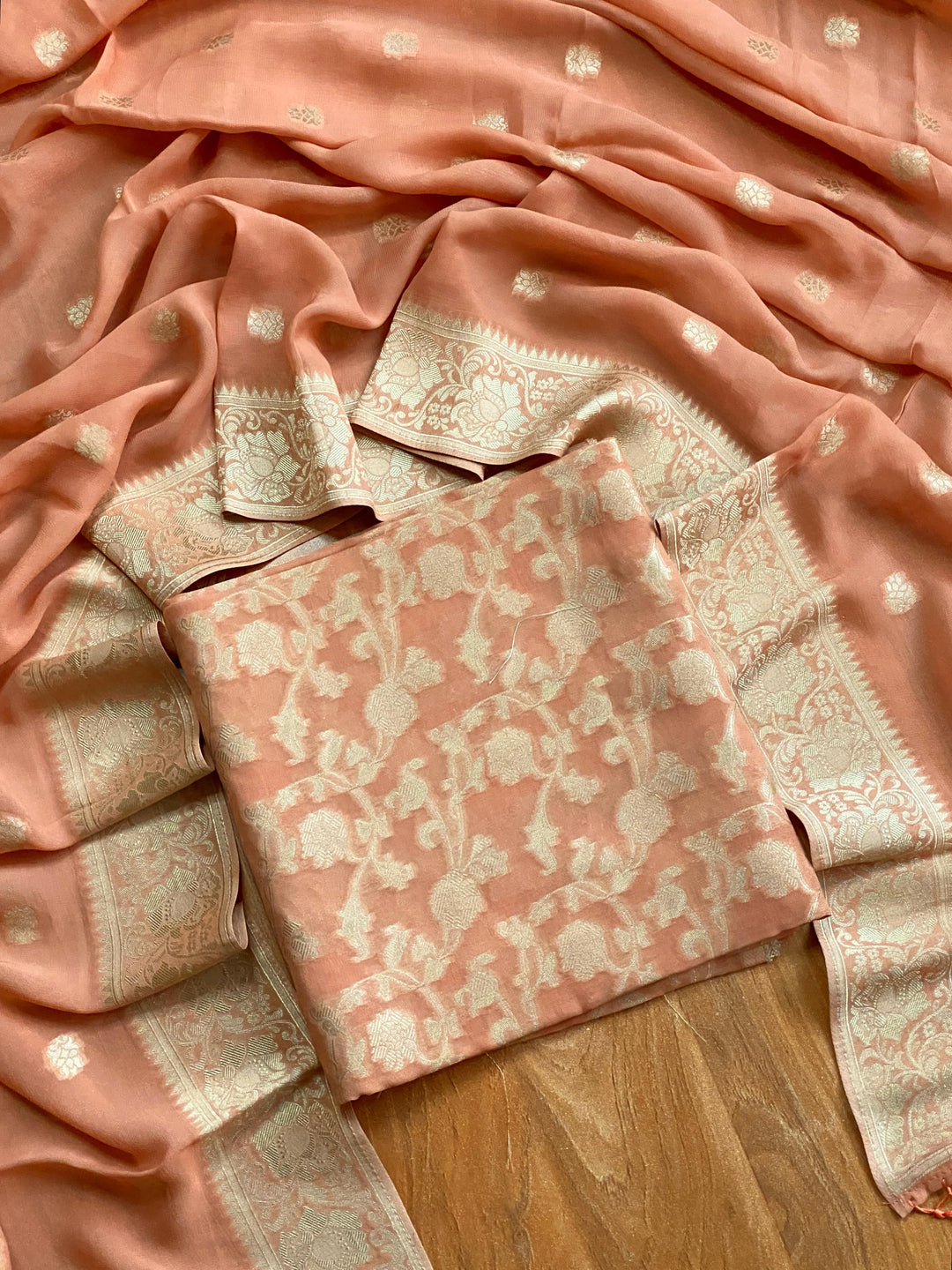 Pure Banarasi Crepe Georgette Unstitched Suit with All over Weaving