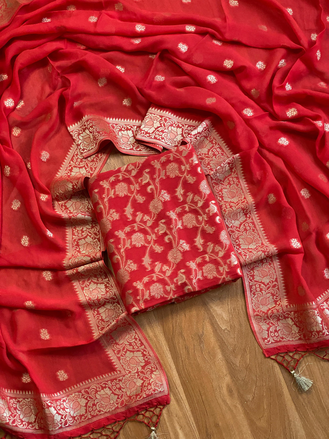 Pure Banarasi Crepe Georgette Unstitched Suit with All over Weaving