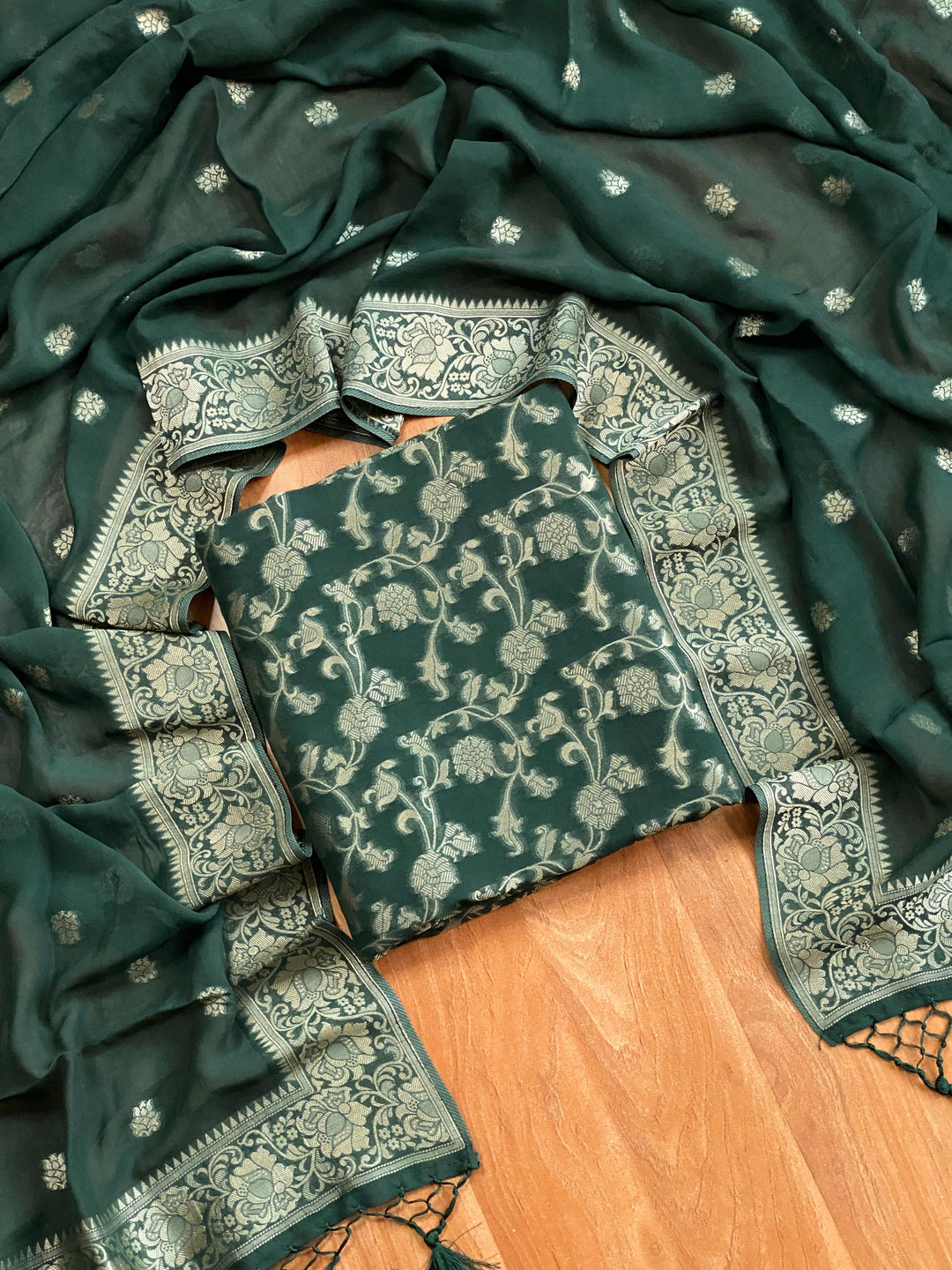 Pure Banarasi Crepe Georgette Unstitched Suit with All over Weaving