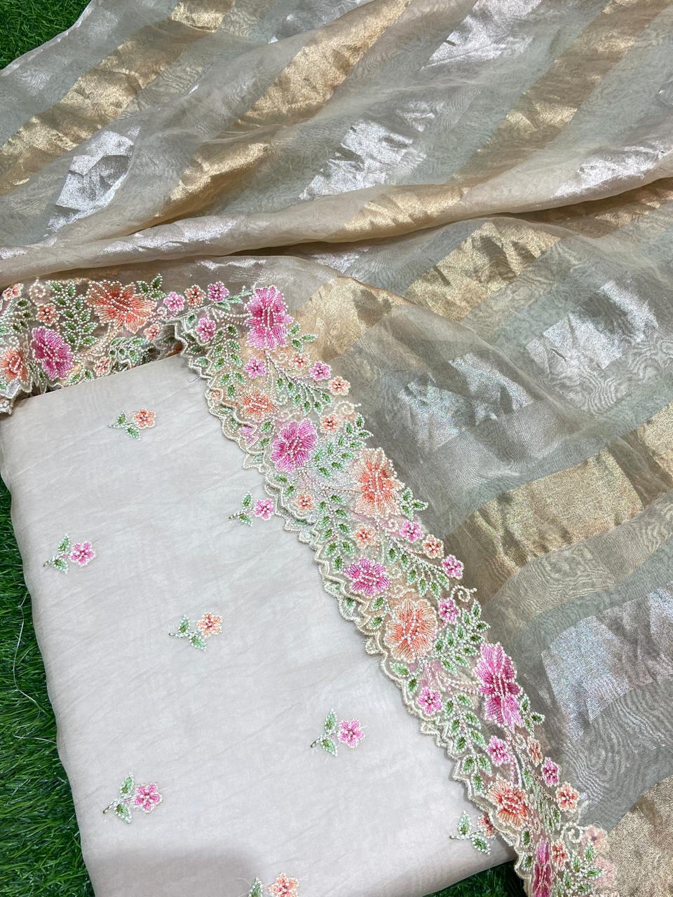 Pure Banarasi Organza Silk Unstitched Suit With Organza Crushed Zari Patti Dupatta
