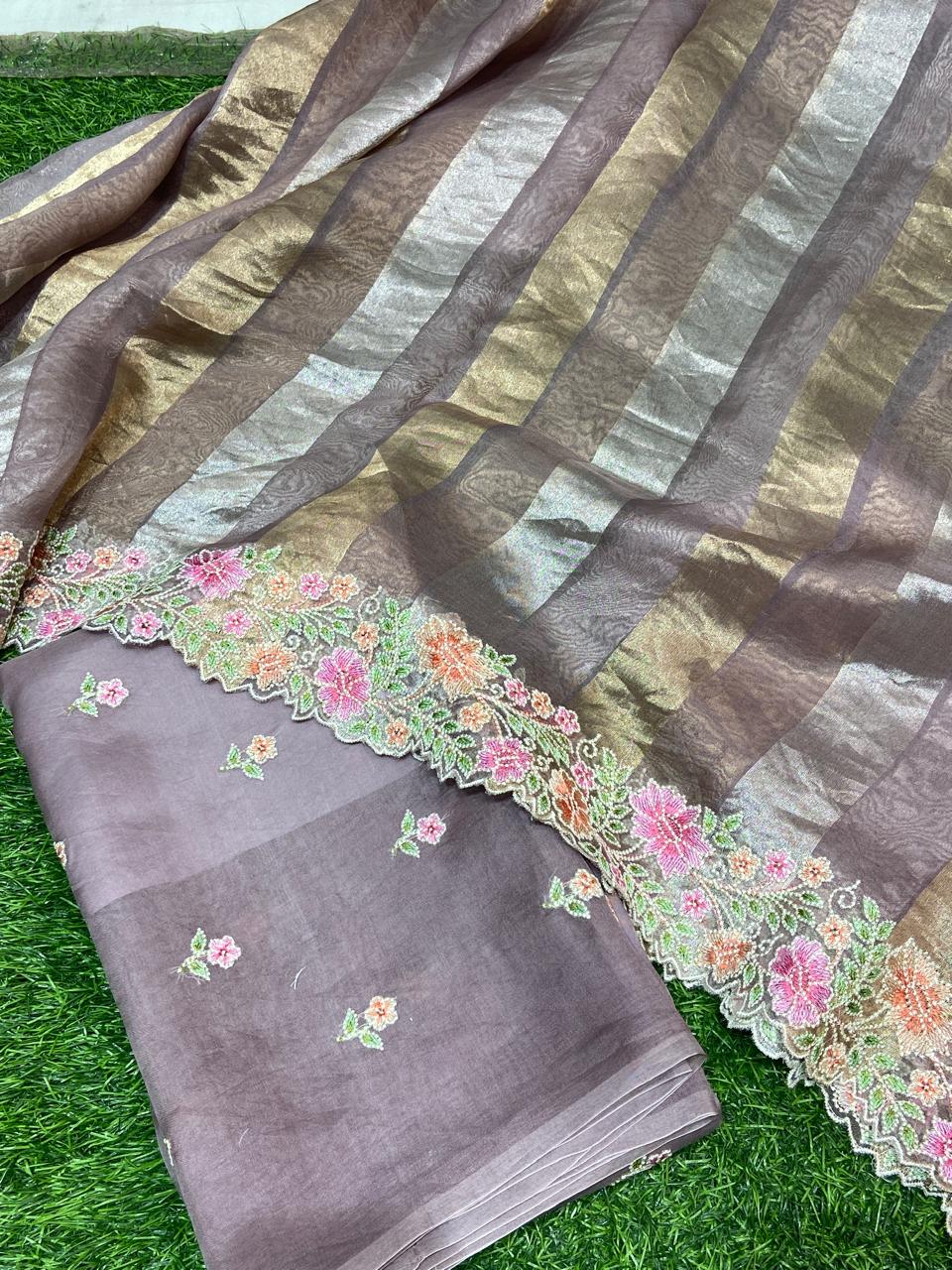 Pure Banarasi Organza Silk Unstitched Suit With Organza Crushed Zari Patti Dupatta