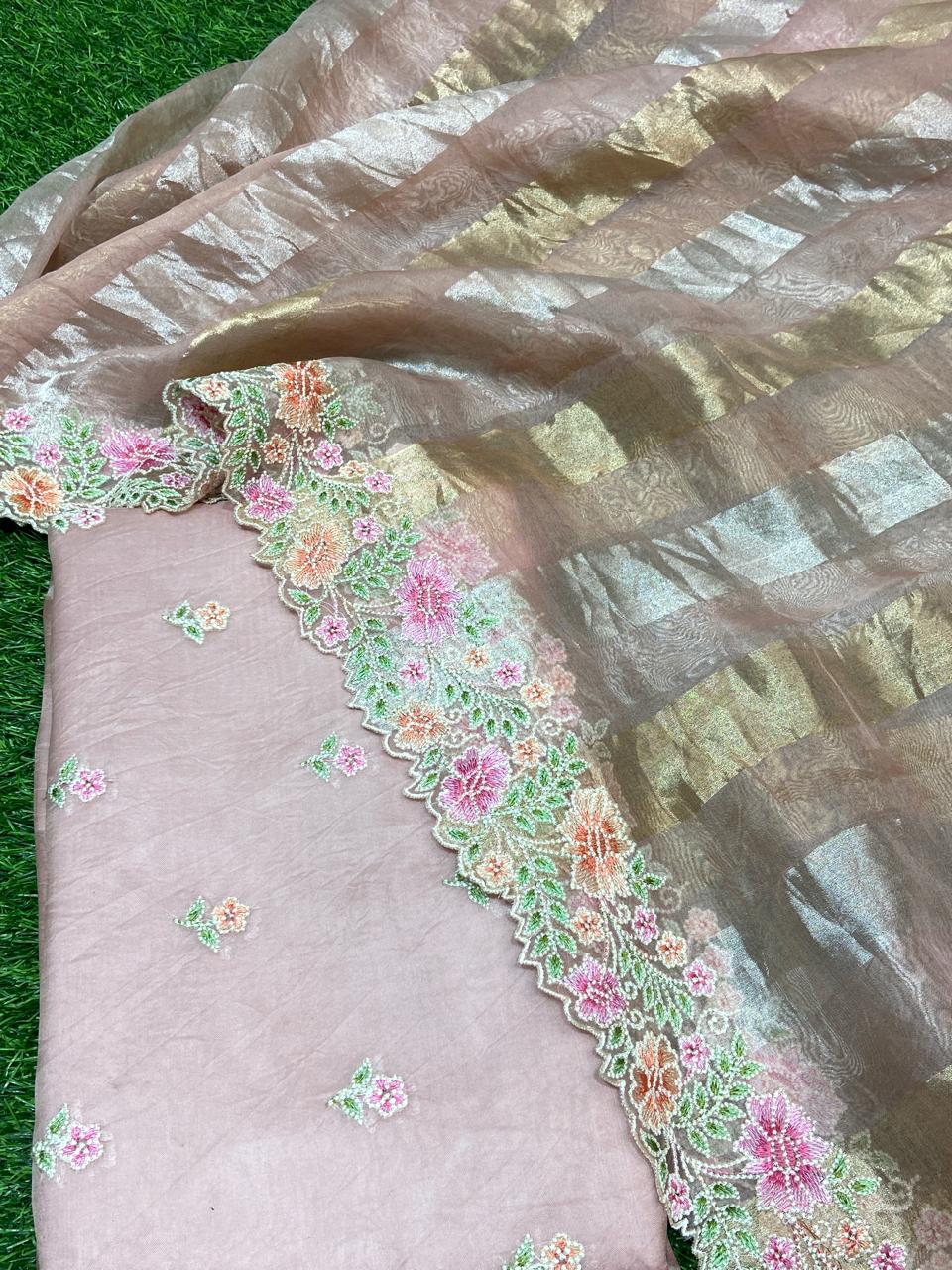 Pure Banarasi Organza Silk Unstitched Suit With Organza Crushed Zari Patti Dupatta