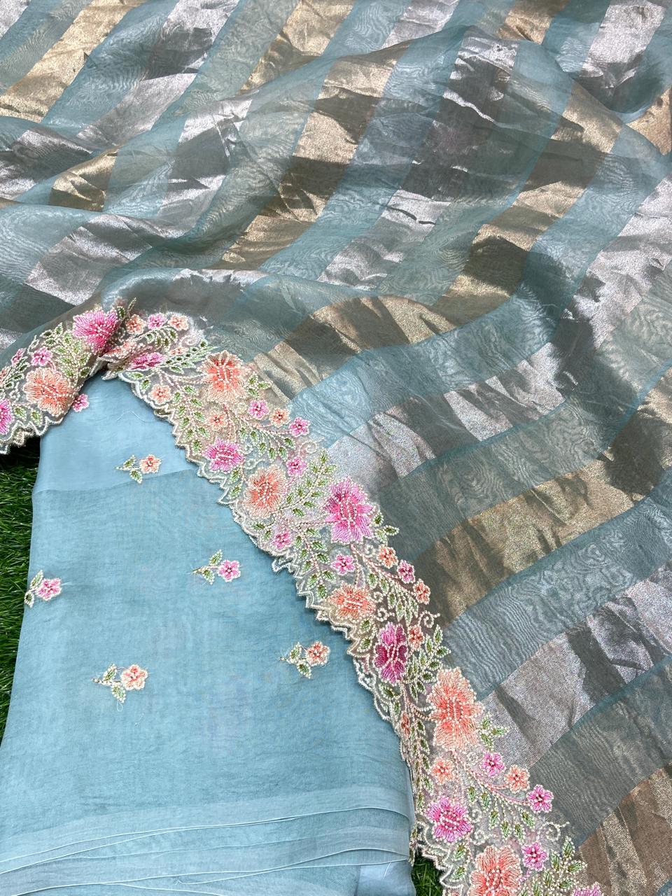 Pure Banarasi Organza Silk Unstitched Suit With Organza Crushed Zari Patti Dupatta