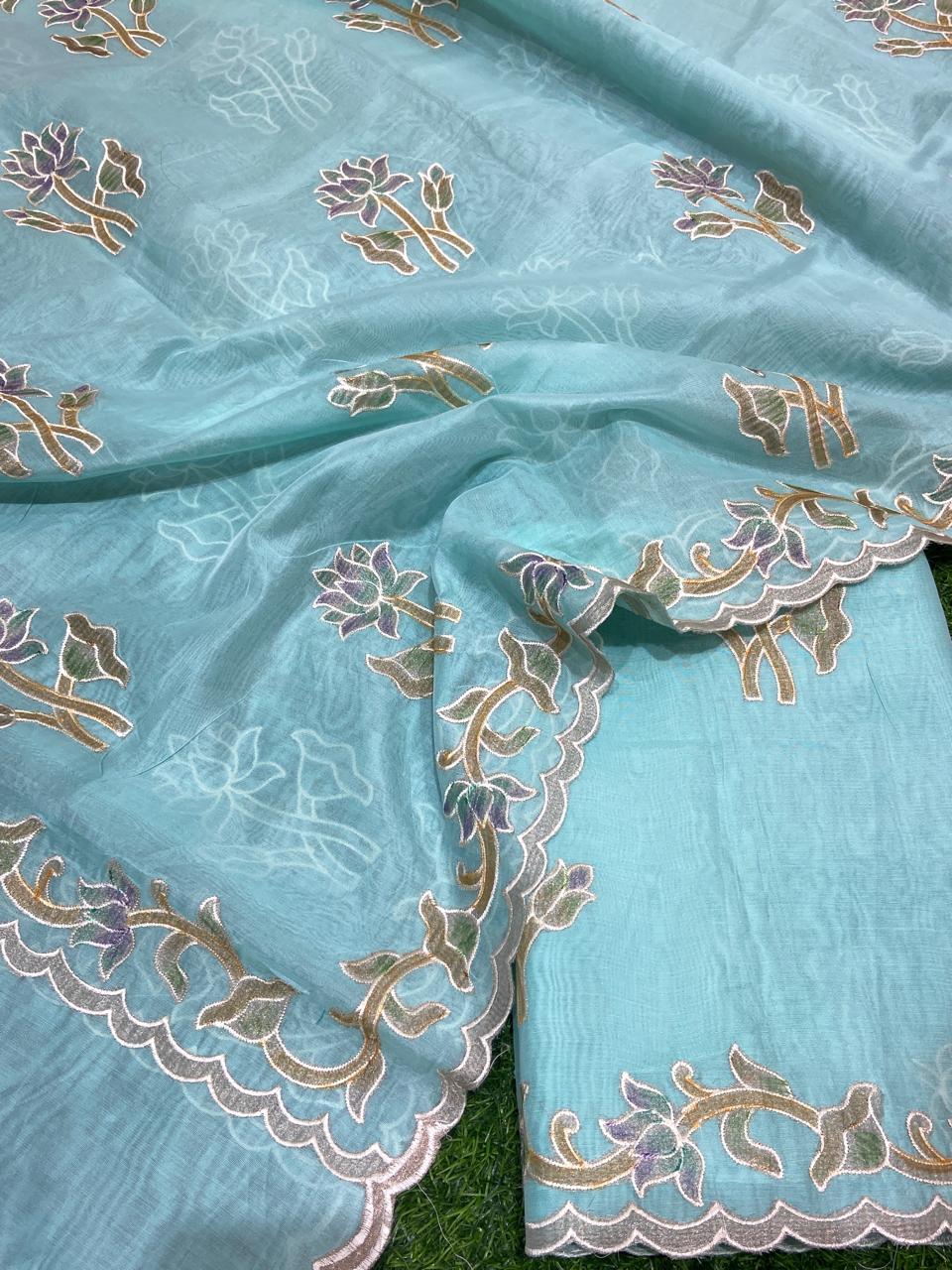 Pure Banarasi Resham Chanderi Silk Unstitched Suit with Applique Work
