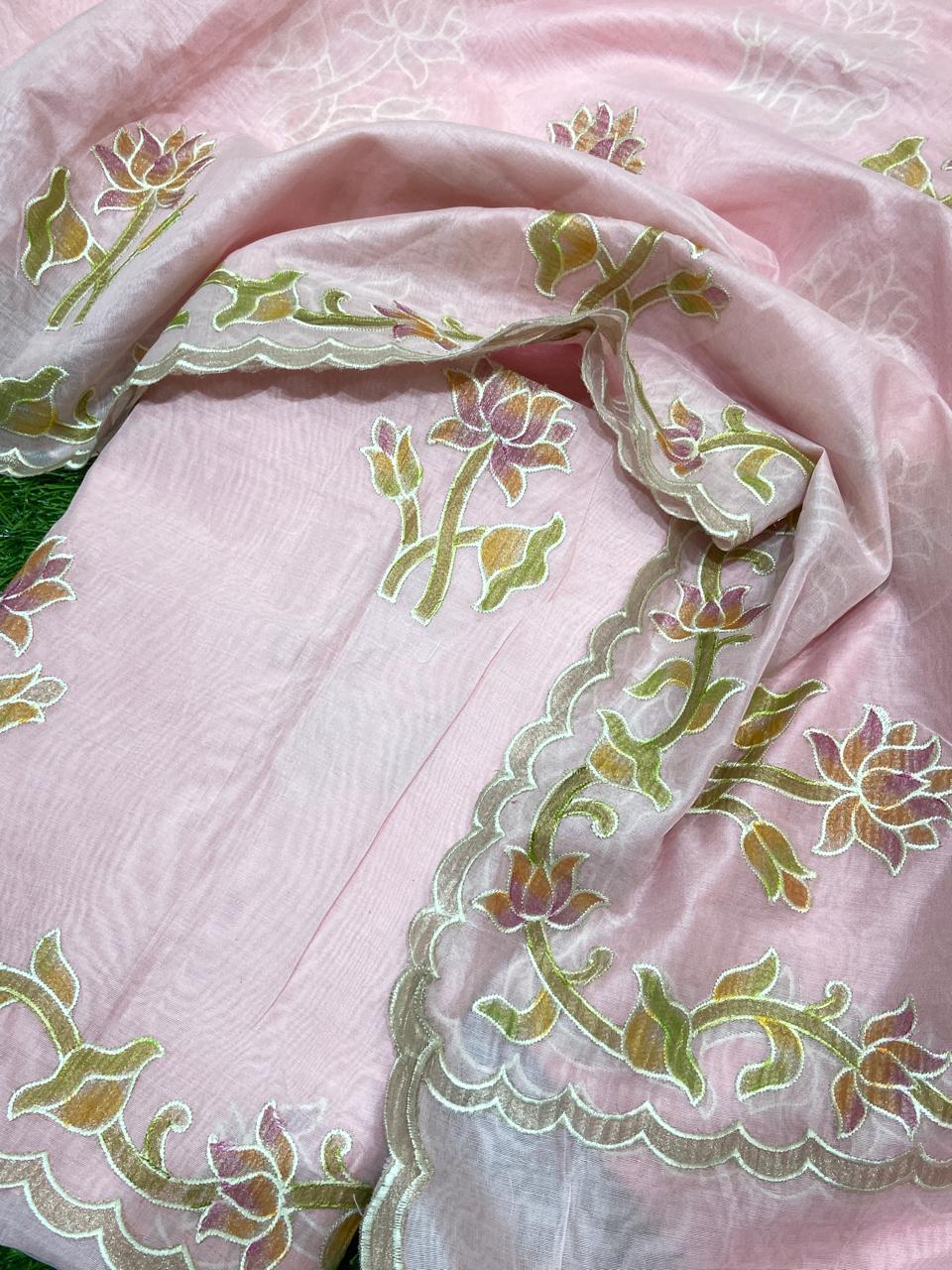 Pure Banarasi Resham Chanderi Silk Unstitched Suit with Applique Work