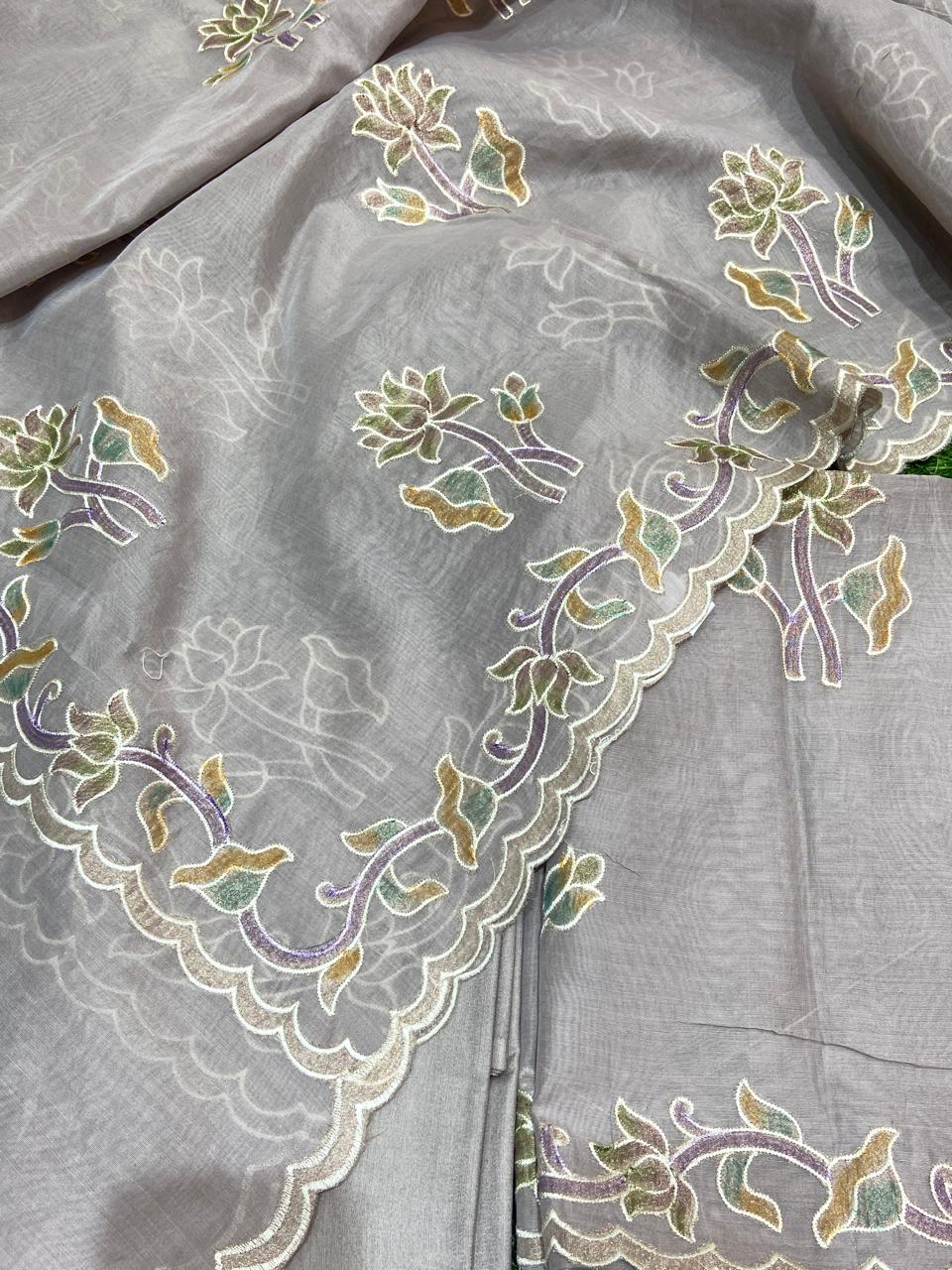 Pure Banarasi Resham Chanderi Silk Unstitched Suit with Applique Work
