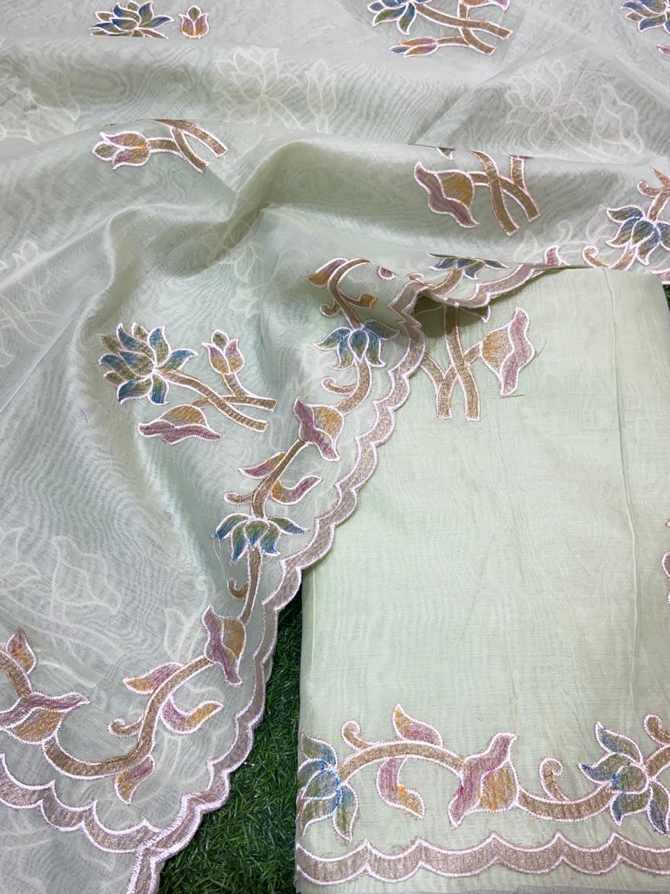 Pure Banarasi Resham Chanderi Silk Unstitched Suit with Applique Work