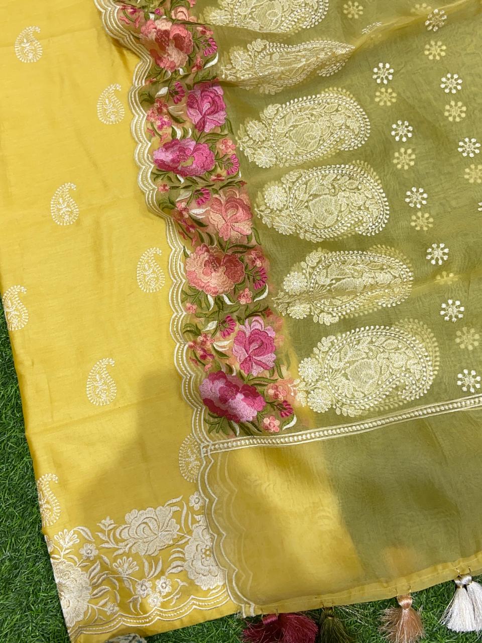 Pure Banarasi Mul Chanderi Silk Unstitched Suit with Organza Dupatta