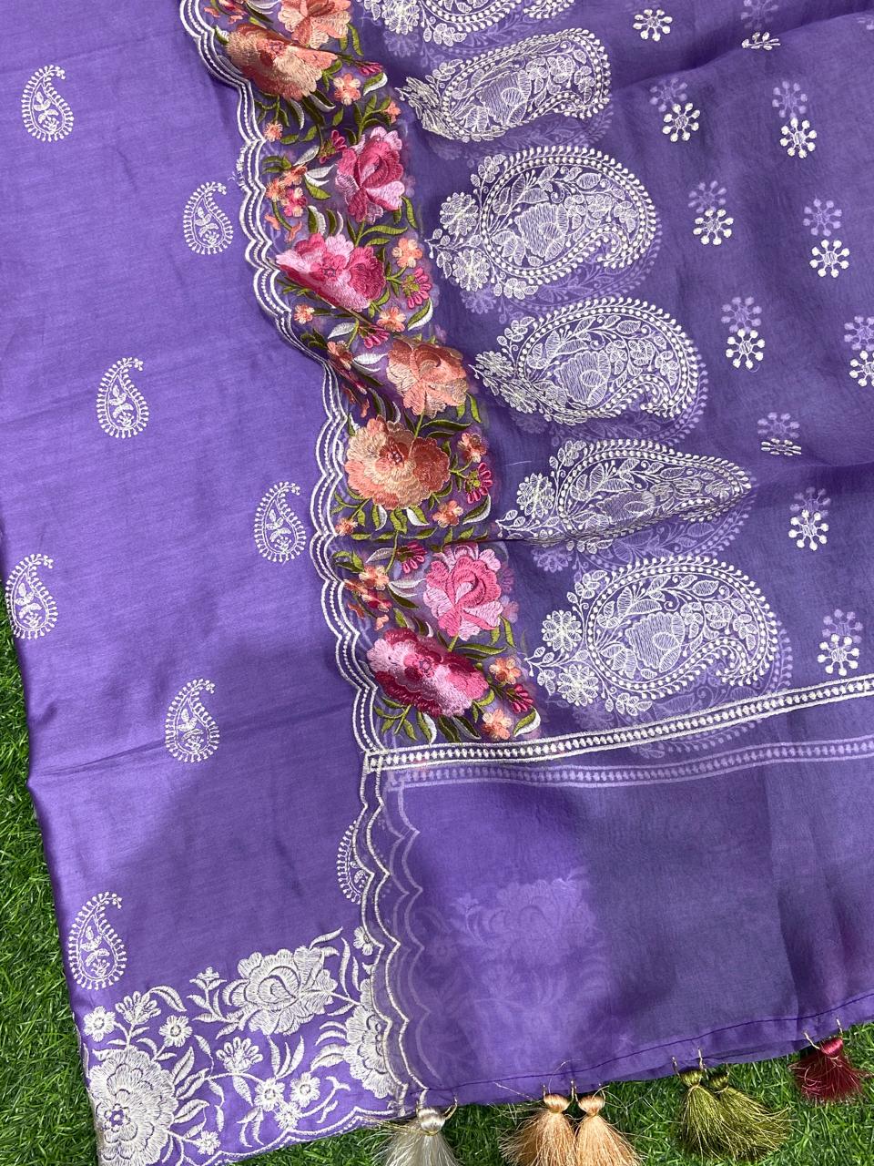 Pure Banarasi Mul Chanderi Silk Unstitched Suit with Organza Dupatta