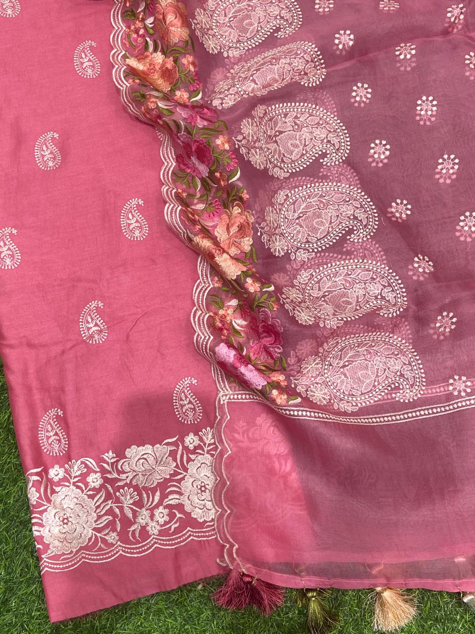 Pure Banarasi Mul Chanderi Silk Unstitched Suit with Organza Dupatta