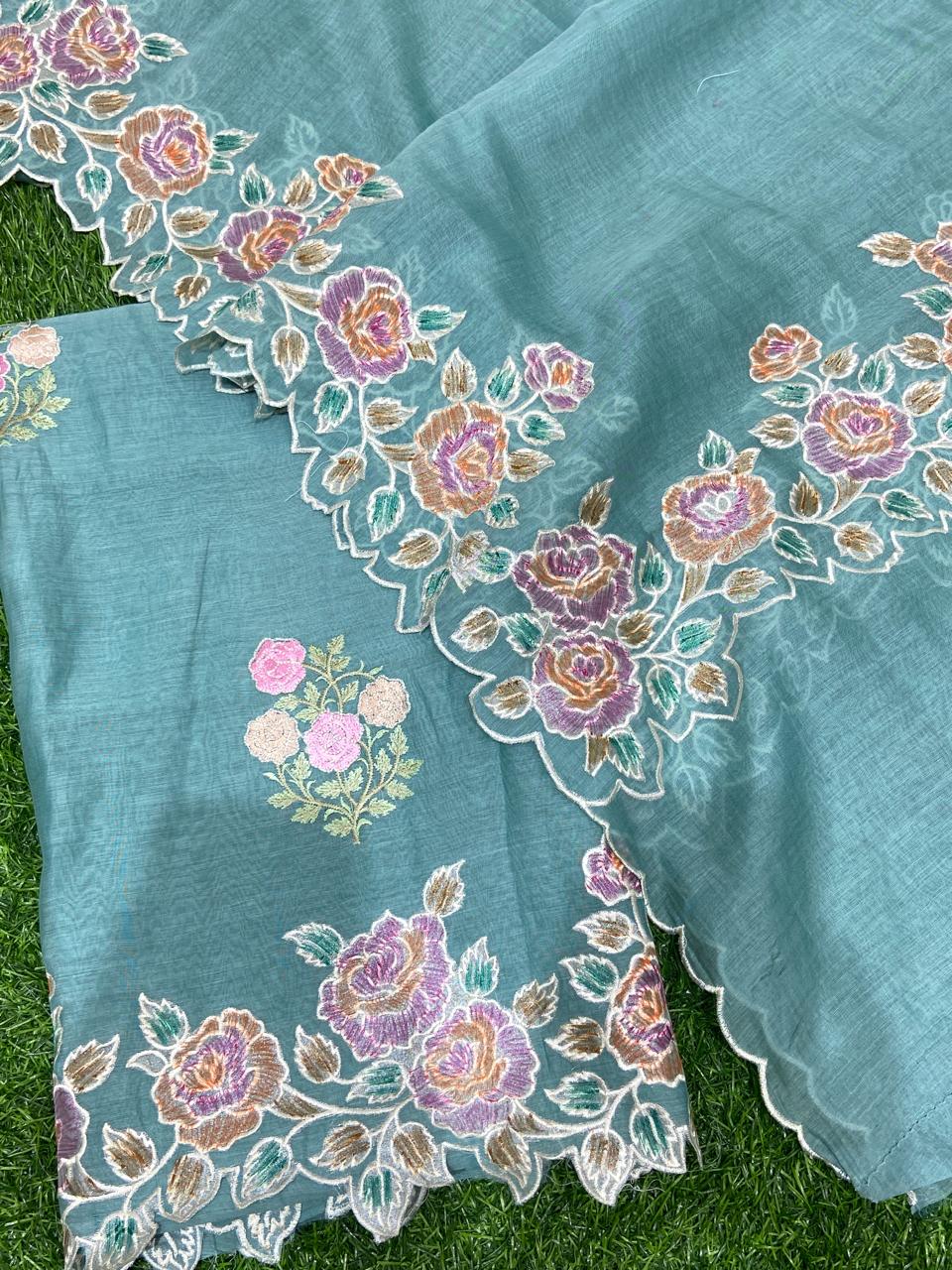 Pure Banarasi Resham Chanderi Silk Unstitched Suit with Applique Work