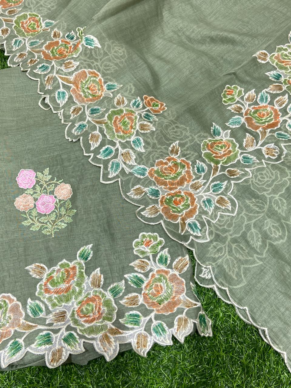 Pure Banarasi Resham Chanderi Silk Unstitched Suit with Applique Work