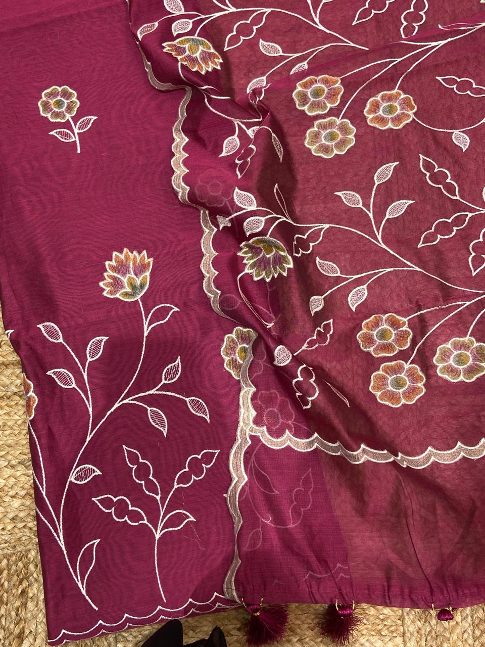 Pure Banarasi Resham Chanderi Silk Unstitched Suit with Applique Work