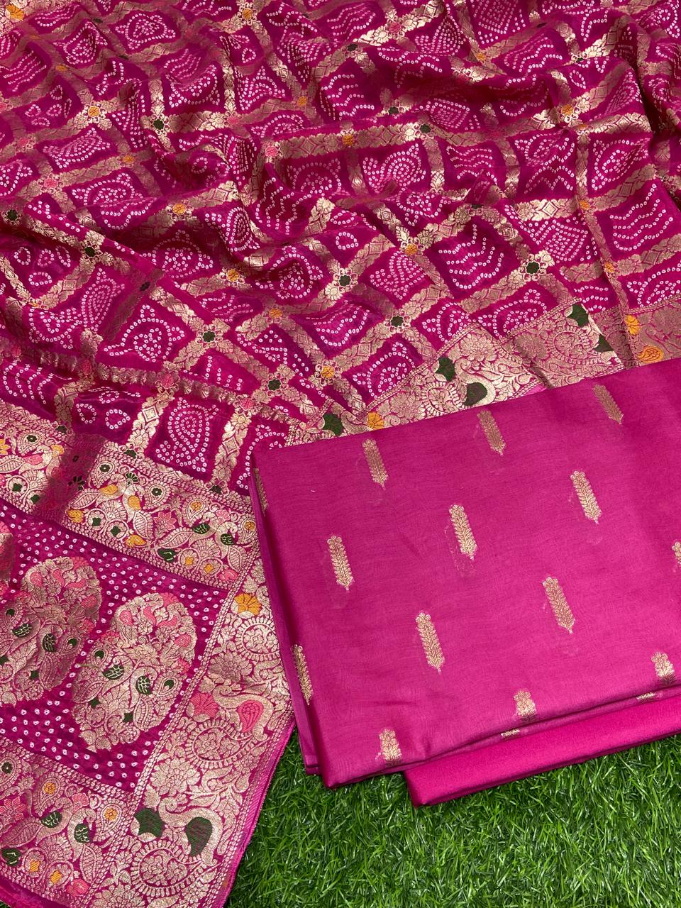 Pure Banarasi Chanderi silk Unstitched Suit with Organza silk Bandhani Work Dupatta