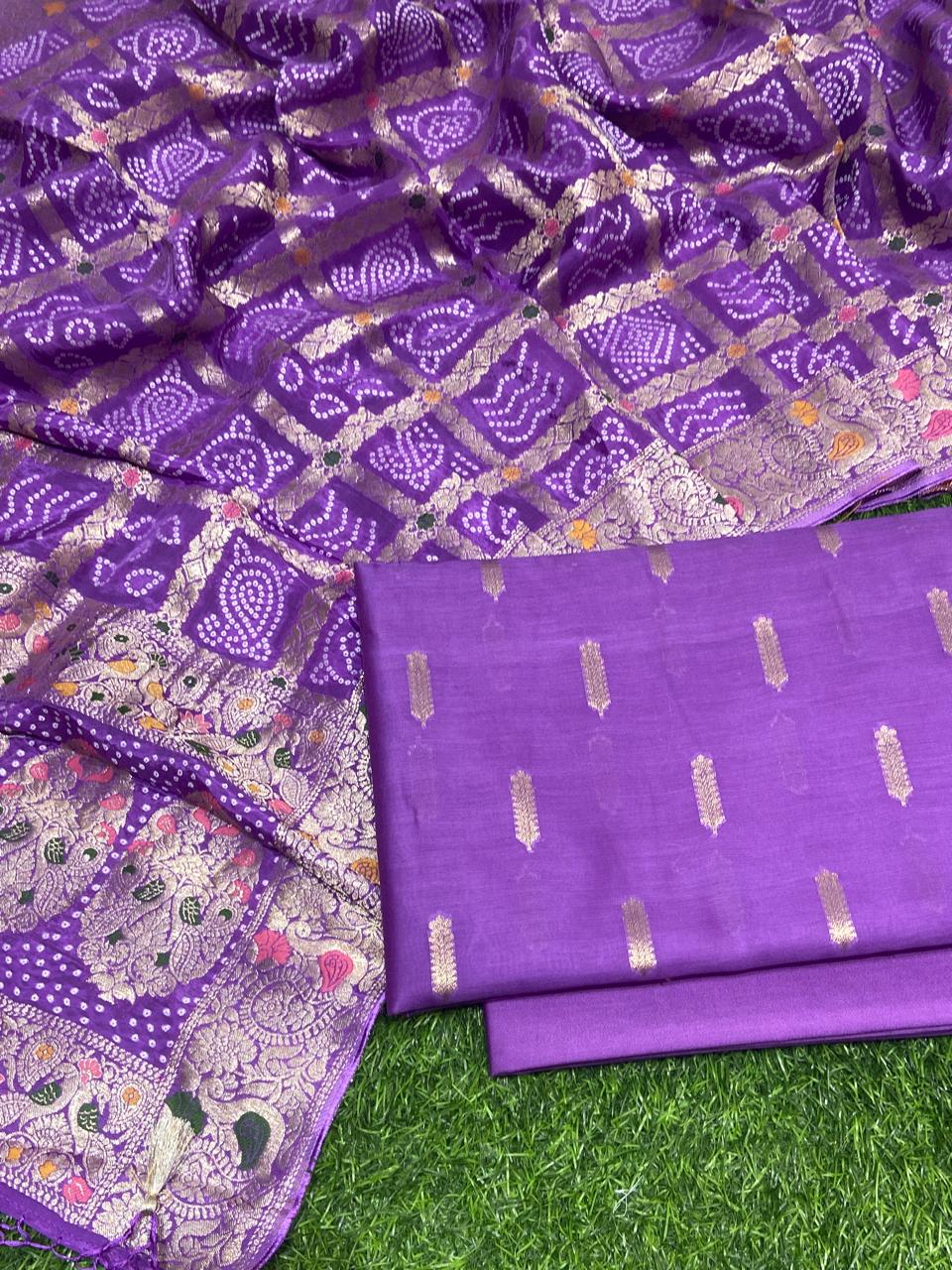 Pure Banarasi Chanderi silk Unstitched Suit with Organza silk Bandhani Work Dupatta